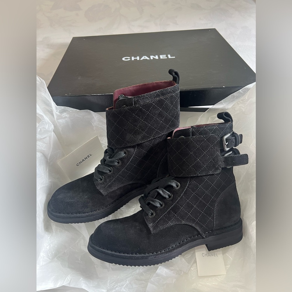 CHANEL Quilted Suede Combat Boots – Black Lace Up - Picture 9 of 17